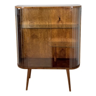 Vintage Art Deco Style Walnut Veneer Display Cabinet with Glass Slats, 1950s For Sale