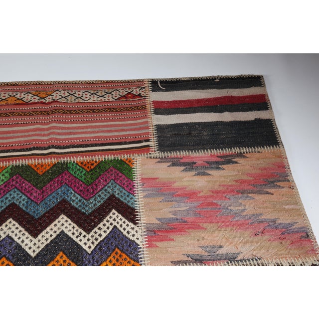 Beige Mid 20th Century Bohemian Turkish Kilim Patchwork Rug With Tribal Motifs -5' 7'' X 9' 10'' For Sale - Image 8 of 12