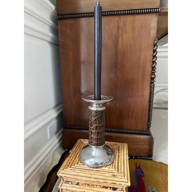 1990s Vintage 8” Leather and Silver Ralph Lauren Style Candleholder For Sale - Image 5 of 18