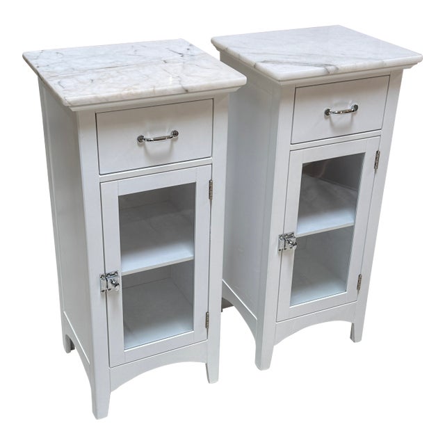 Elegant Furniture Madison Avenue Marble Top Glass Door Cabinets, Pair For Sale