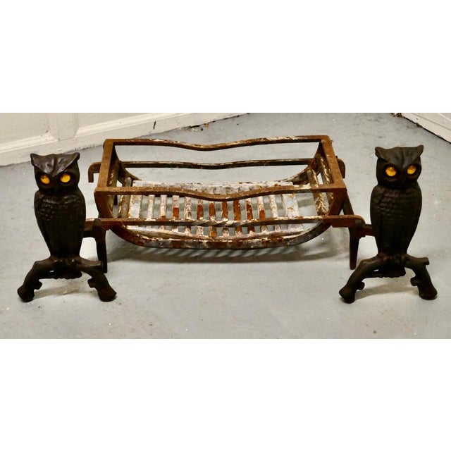 Quirky model owl iron fire dogs with grate This is a very unusual pair, the owls are blacksmith made with yellow glass...