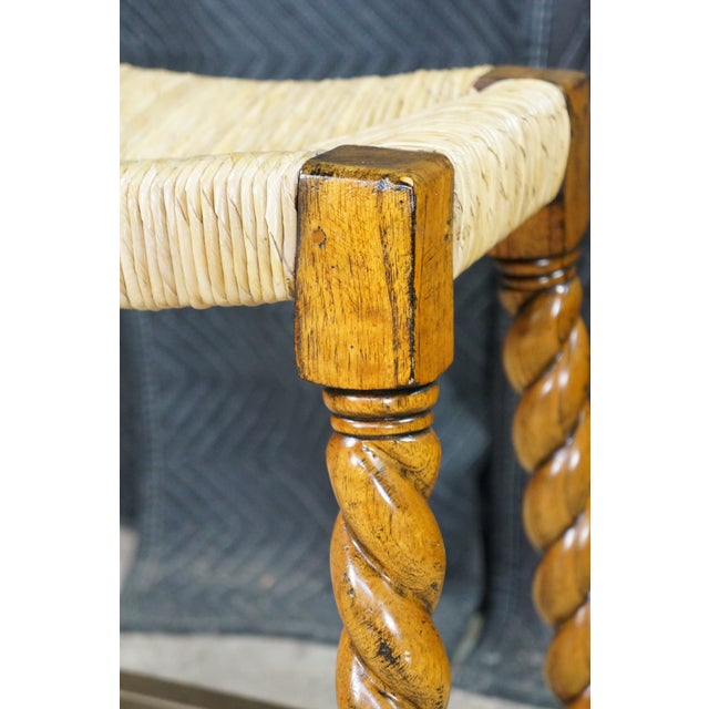 2 Vintage Spanish Revival Country French Barley Twist Stools Rush Saddle Seats For Sale - Image 6 of 17