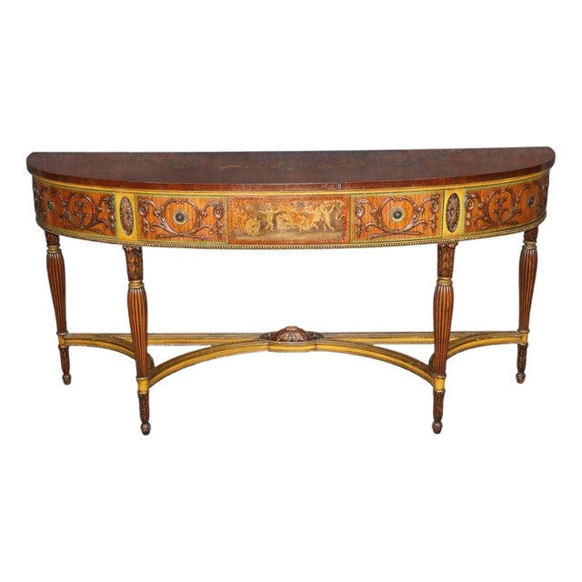 1920's Adams Style Paint Decorated Server Console Table Demilune Sideboard For Sale