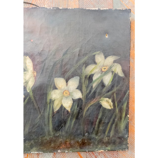 19th Century Country Primitive Rustic Naive Oil Painting of Narcissus or Daffodil Flowers For Sale - Image 4 of 8