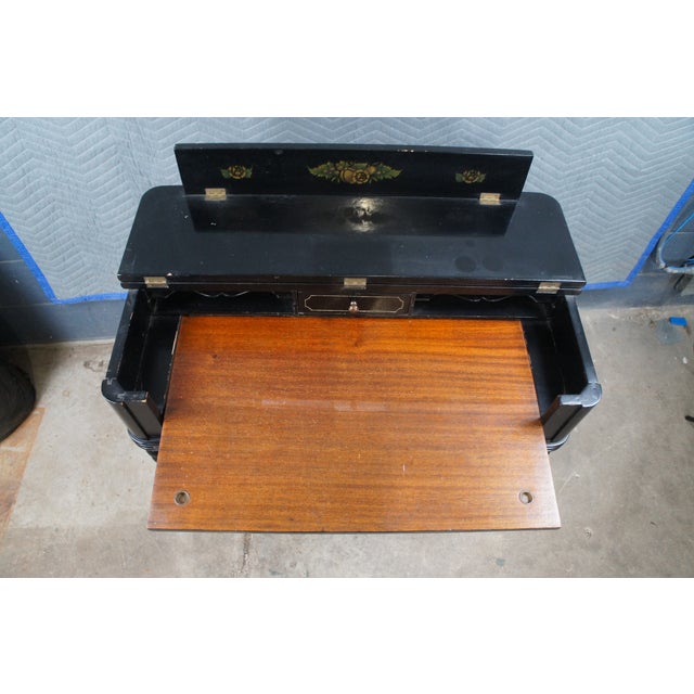 Late 20th Century Hitchcock Style Black Lacquered Harvest Stenciled Secretary Writing Desk For Sale - Image 5 of 14