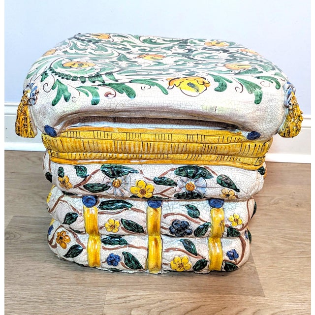 1970s Italian Majolica Stacked Pillows Garden Stool or Ottoman - Trompe l'Oeil Style For Sale - Image 10 of 16