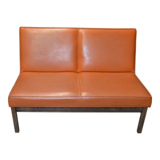 1970s Vintage Mid Century Style Orange Vinyl & Wood Settee For Sale