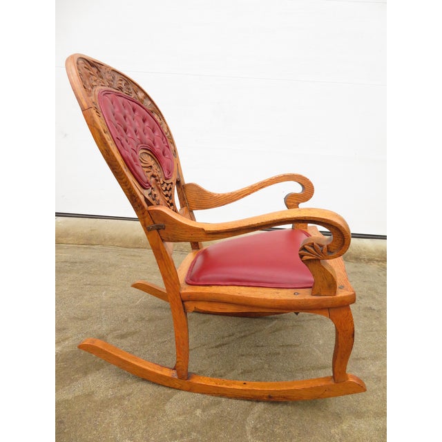 Antique Carved Oak Green Man Rocking Chair in Red Tufted Leather ~ Northwind Face For Sale - Image 9 of 17