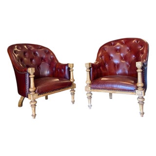 Mid 20th Century Pair of Burgundy Tufted Leather Chairs For Sale
