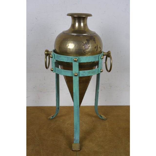 Late 20th Century Late 20th Century Hammered Brass Amphora Vase & Three Leg Verdigris Pedestal Stand For Sale - Image 5 of 12
