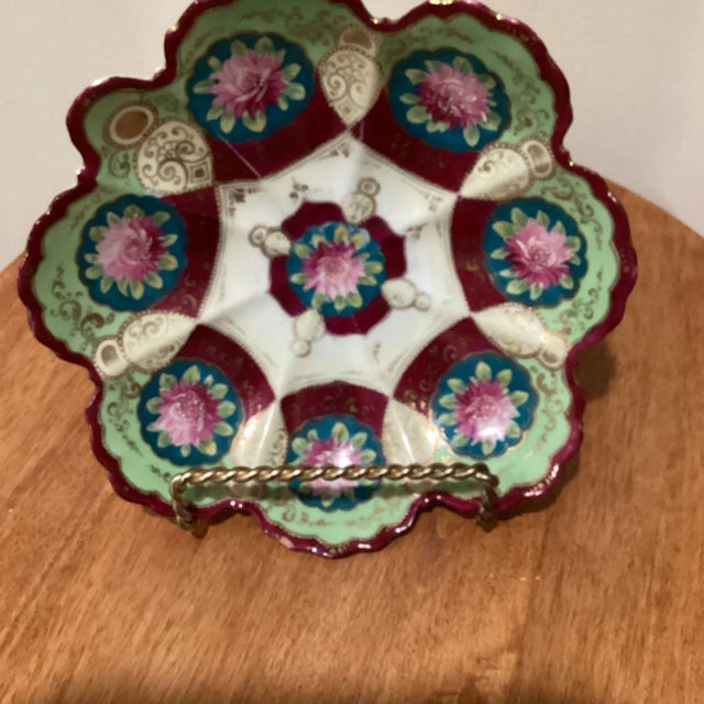 Antique Japanese handled Porcelain serving dish. Chrysanthemum Gold Moriage Cobalt Blue Scalloped serving dish A beautiful...