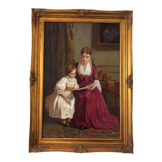 Large Signed Vintage Oil Painting Mother & Child Reading Scene in Ornate Gilt Frame For Sale