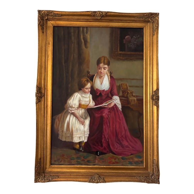 Large Signed Vintage Oil Painting Mother & Child Reading Scene in Ornate Gilt Frame For Sale