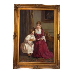 Large Signed Vintage Oil Painting Mother & Child Reading Scene in Ornate Gilt Frame