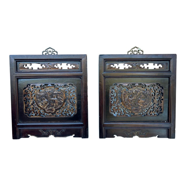 1875 Chinese Hand-Carved Wooden Wall Panels With Gold Accent and Certificate of Antiquity, Pair For Sale