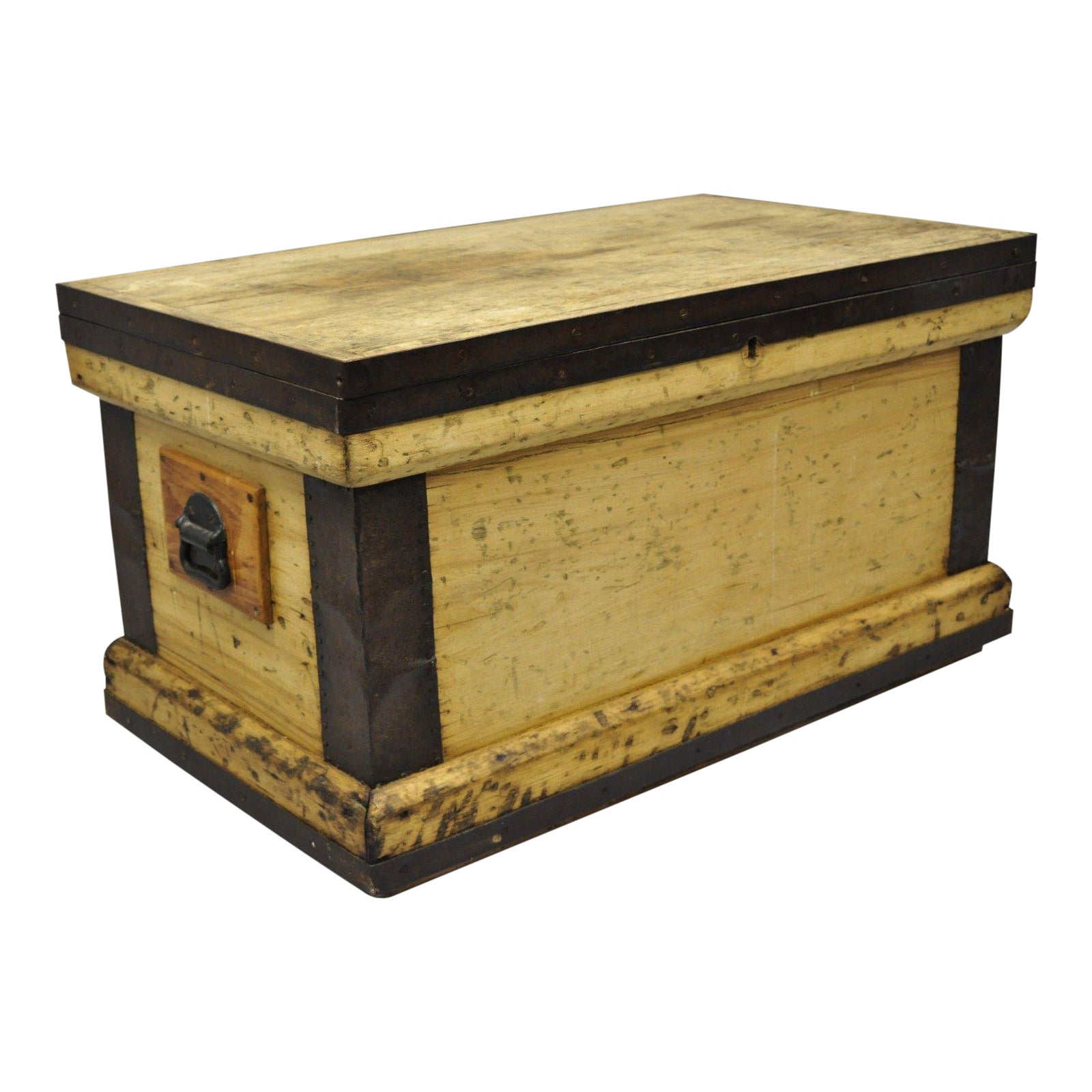 Antique Wood Cast Iron Primitive Industrial Trunk Blanket Chest
