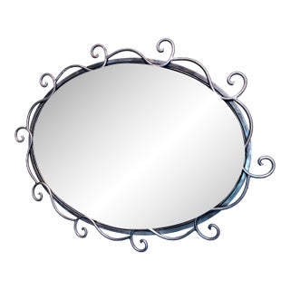 Vintage Wrought Iron Scrollwork Oval Wall Mirror For Sale
