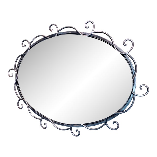 Vintage Wrought Iron Scrollwork Oval Wall Mirror For Sale