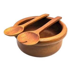 1970s Teak Wood Bowl and Serving Utensils, Set of 3 Pieces