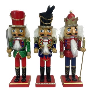 Mid-Century German Style Christmas Nutcrackers With Glit and Velvet Regalia - Set of 3. For Sale