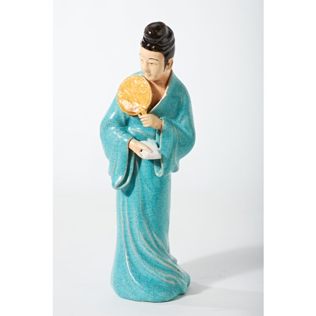 Early 20th Century Chinese Figurine of Lady in Blue With Fan For Sale - Image 16 of 17