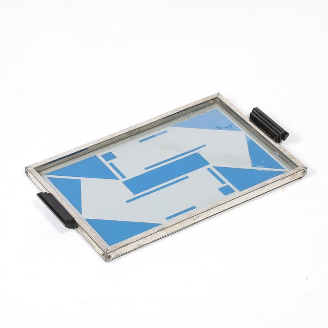 Art Deco Reverse Eglomise Blue & White Geometric Motif in Nickel & Bakelite Tray For Sale In New York - Image 6 of 12
