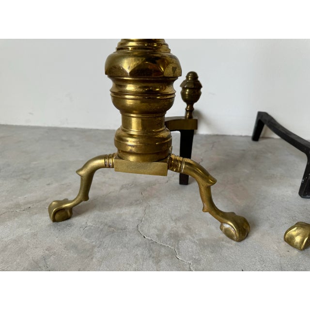 Pair of Vintage American Brass & Metal Andirons With Claw and Ball Feet For Sale - Image 4 of 12