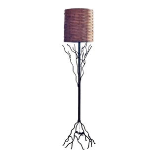 Tree-Like Welded Iron Floor Lamp With Woven Wood Shade For Sale