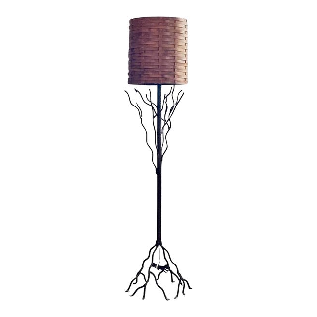 Tree-Like Welded Iron Floor Lamp With Woven Wood Shade For Sale