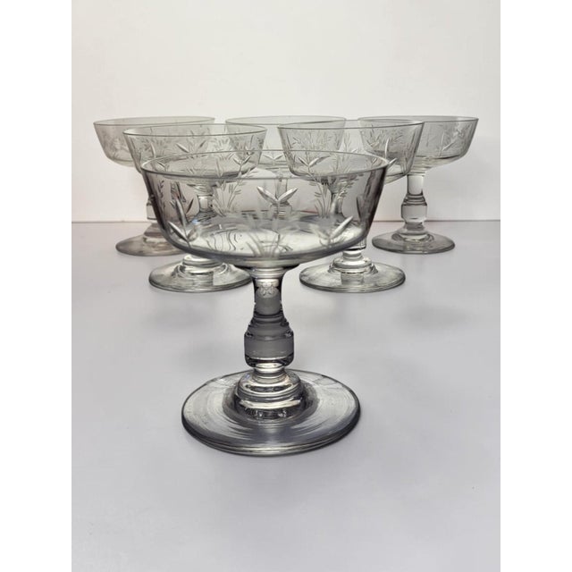 Glass Crystal Champagne Coupes with Engraved Wheat Ears, 1950s, Set of 6 For Sale - Image 7 of 8