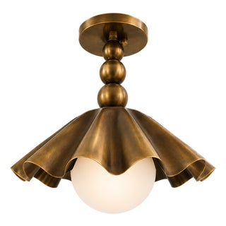 Handmade Brass Flower Flush Mount Light, Brass Ceiling Light, Vintage Floral Ceiling Fixture, Milk Glass Globe Lamp for Bedroom Hallway For Sale