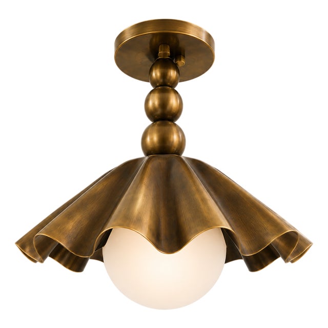 Handmade Brass Flower Flush Mount Light, Brass Ceiling Light, Vintage Floral Ceiling Fixture, Milk Glass Globe Lamp for Bedroom Hallway For Sale