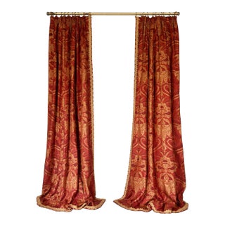 Custom Interlined Linen Damask Pinch Pleat Drapery Panels – Red & Gold, 68 X 94 Pair For Sale
