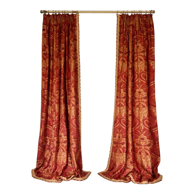 Custom Interlined Linen Damask Pinch Pleat Drapery Panels – Red & Gold, 68 X 94 Pair For Sale