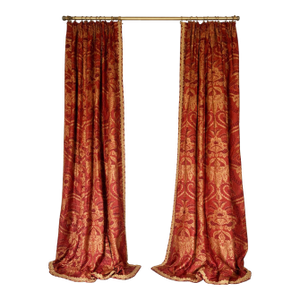 Custom Made Designer Linen Damask Pinch Pleat Drapery Panels – Red & Gold, 68 X 94 Pair New