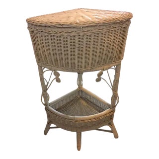 Vintage White Wicker Corner Stand W Storage For Sale