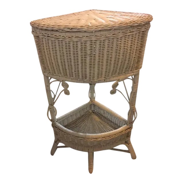 Vintage White Wicker Corner Stand W Storage For Sale