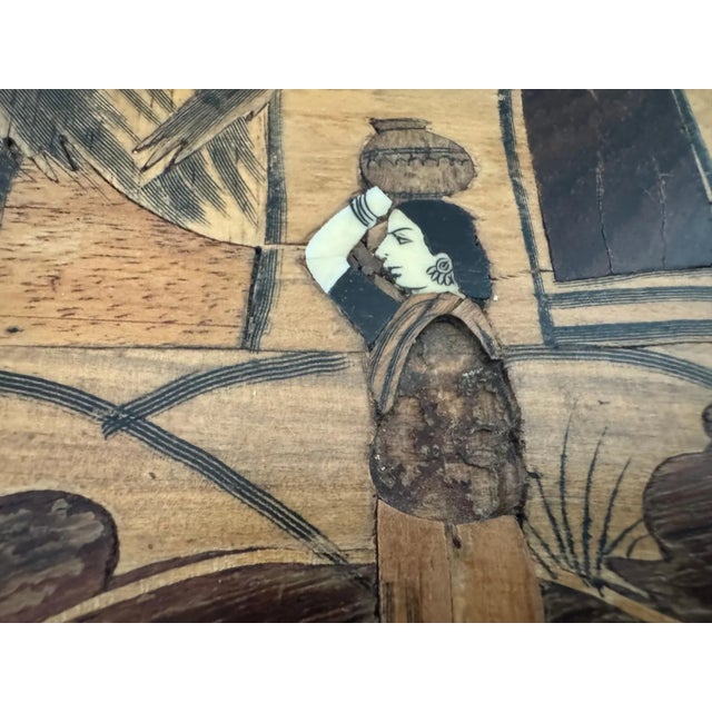 1950's Indian Rosewood & Bone Inlay Coffee Table Bench Removable Legs Serving Tray For Sale - Image 9 of 17