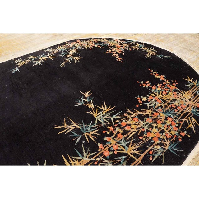 1930s Black Bamboo Floral Antique Chinese Art Deco Carpet 8'4" X 11'8" Wool Rug For Sale In New York - Image 6 of 9