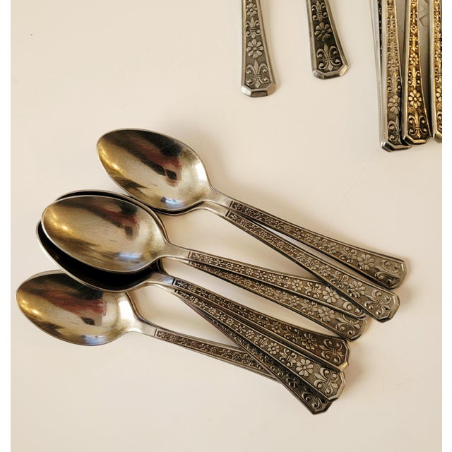 1960s 39 Piece Set Interpur Korea Vintage Stainless Flatware Silverware Florenz Pattern With Fleur De Lis, Mid-Century~Hostess Serving For Sale - Image 5 of 8