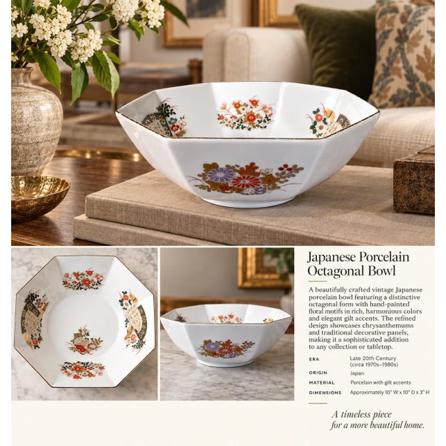 A beautifully crafted vintage Imari style Japanese porcelain bowl featuring a distinctive octagonal form with charming...