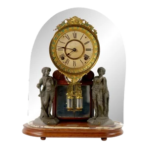 Glass Dome Bronze / Wood Base Porcelain Face Mantel Clock