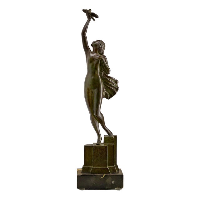 Pierre Le Faguays, Nude Woman with a Dove, 1930, Bronze & Marble For Sale