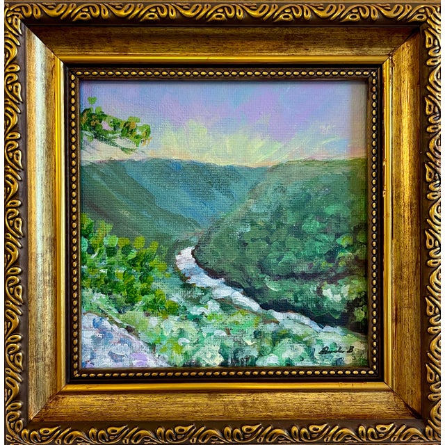 Textile New River Gorge at Dusk, Appalachian River Landscape, Original Framed Painting For Sale - Image 7 of 8