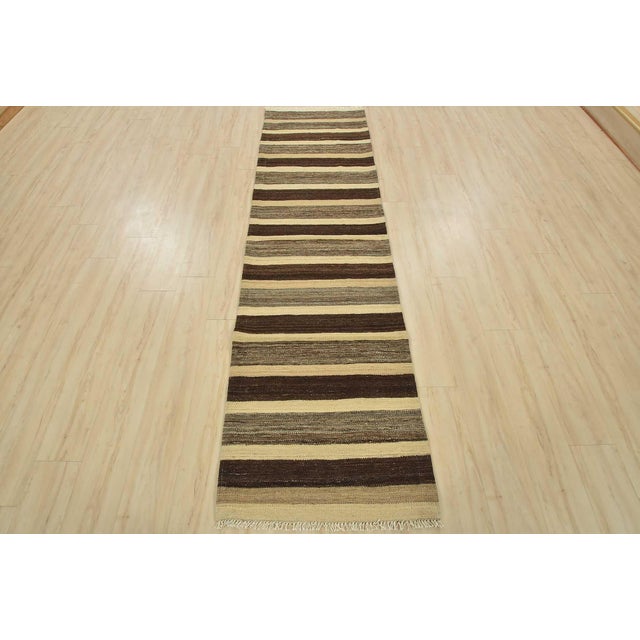 Contemporary Kilim Runner 2’7” X 9’6” Brown Wool Striped Handwoven Oriental Rug For Sale - Image 3 of 13