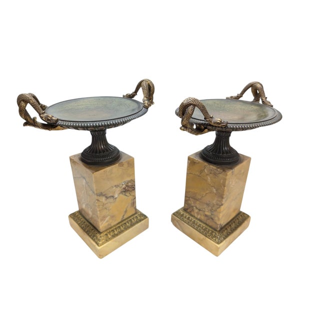 Stone Pair of 19th-Century Bronze Tazzas Featuring Gilt Snake Handles and Siena Marble Stands For Sale - Image 7 of 16