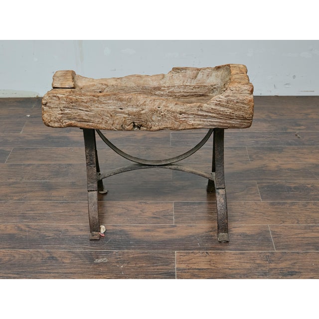 Wood Rustic Mid-Century Wooden Trough Accent Table on Custom Iron Base For Sale - Image 7 of 12