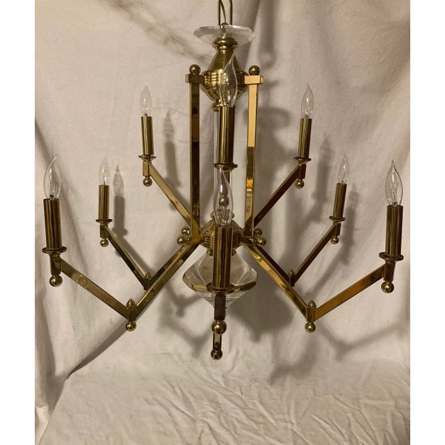 Mid Century Modern Lightolier Style Brass and Lucite Angular 9 Arm Chandelier For Sale - Image 9 of 9