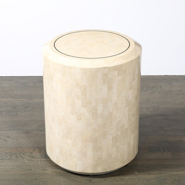 Mid-Century Modern Mid-Century Drum Form Brass Inlay Tessellated Stone Side Table by Maitland Smith For Sale - Image 3 of 14