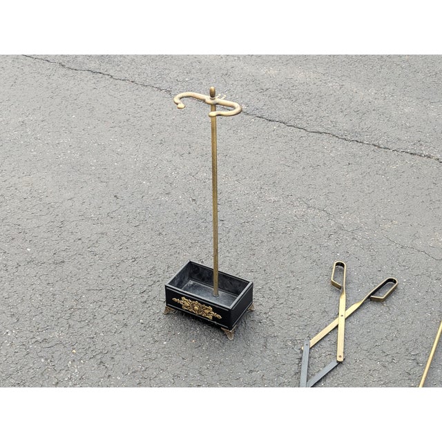 Mid-Century Modern Vintage 4 Piece Set Brass Fireplace Tools With Stand For Sale - Image 3 of 10